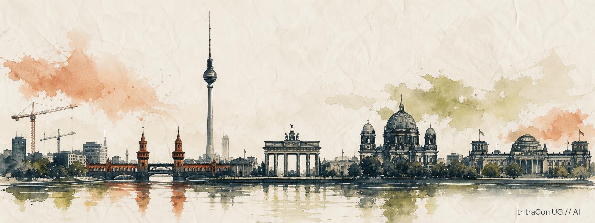 Aquarell der Berliner Skyline mit Fernsehturm, Brandenburger Tor und Reichstag – Sitz von tritraCon